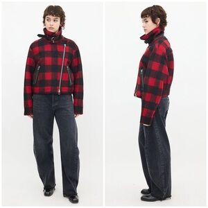 $690 Veronica Beard Benni Faux Shearling Buffalo Check Wool Moto Jacket Size M